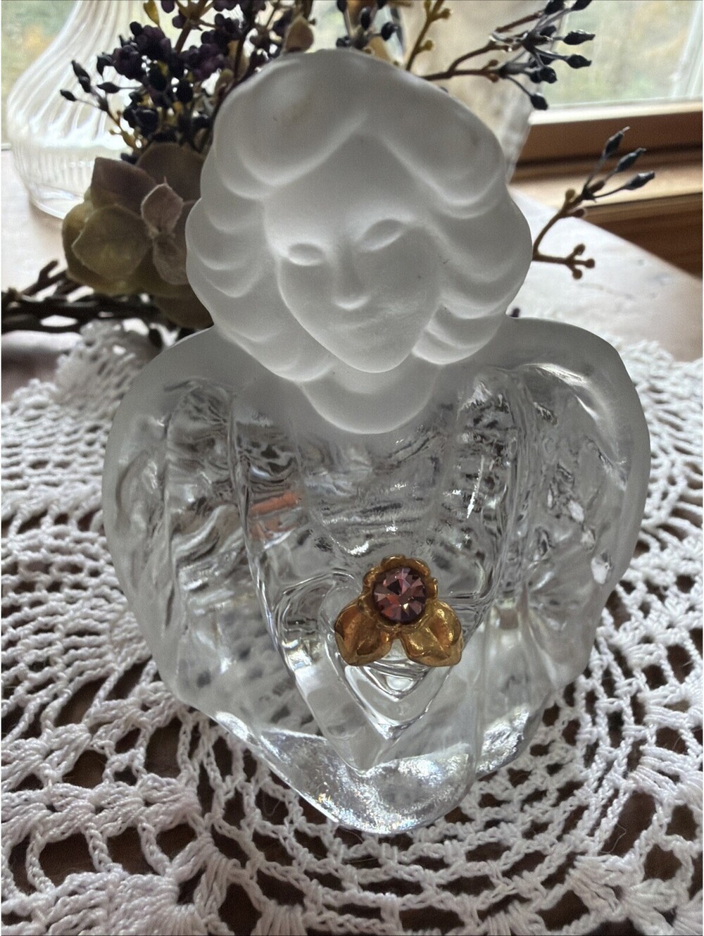 FENTON Guardian Angel Figurine Clear Frosted Glass Tourmaline October Birthstone